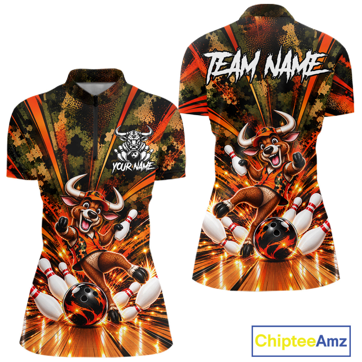 Personalized Bull Funny Bowling Shirt For Women Custom Orange Camo Strike Pins Bowler Team Jersey NYN5063