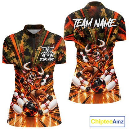Personalized Bull Funny Bowling Shirt For Women Custom Orange Camo Strike Pins Bowler Team Jersey NYN5063