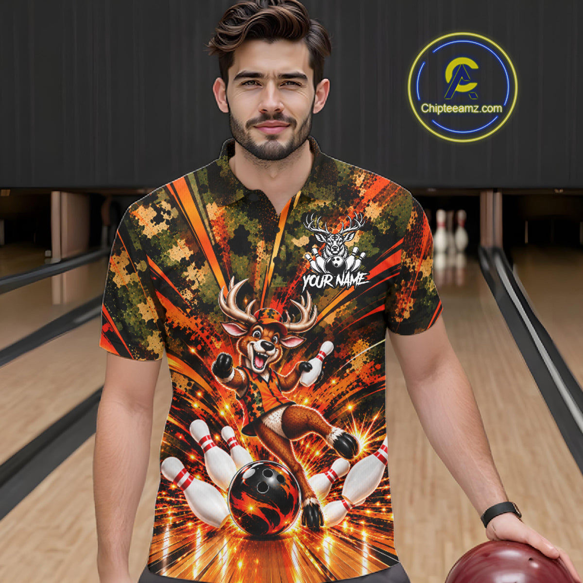 Personalized Deer Funny Bowling Shirt For Men Custom Orange Camo Strike Pins Bowler Team Jersey NYN5064