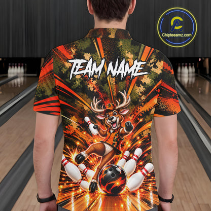 Personalized Deer Funny Bowling Shirt For Men Custom Orange Camo Strike Pins Bowler Team Jersey NYN5064