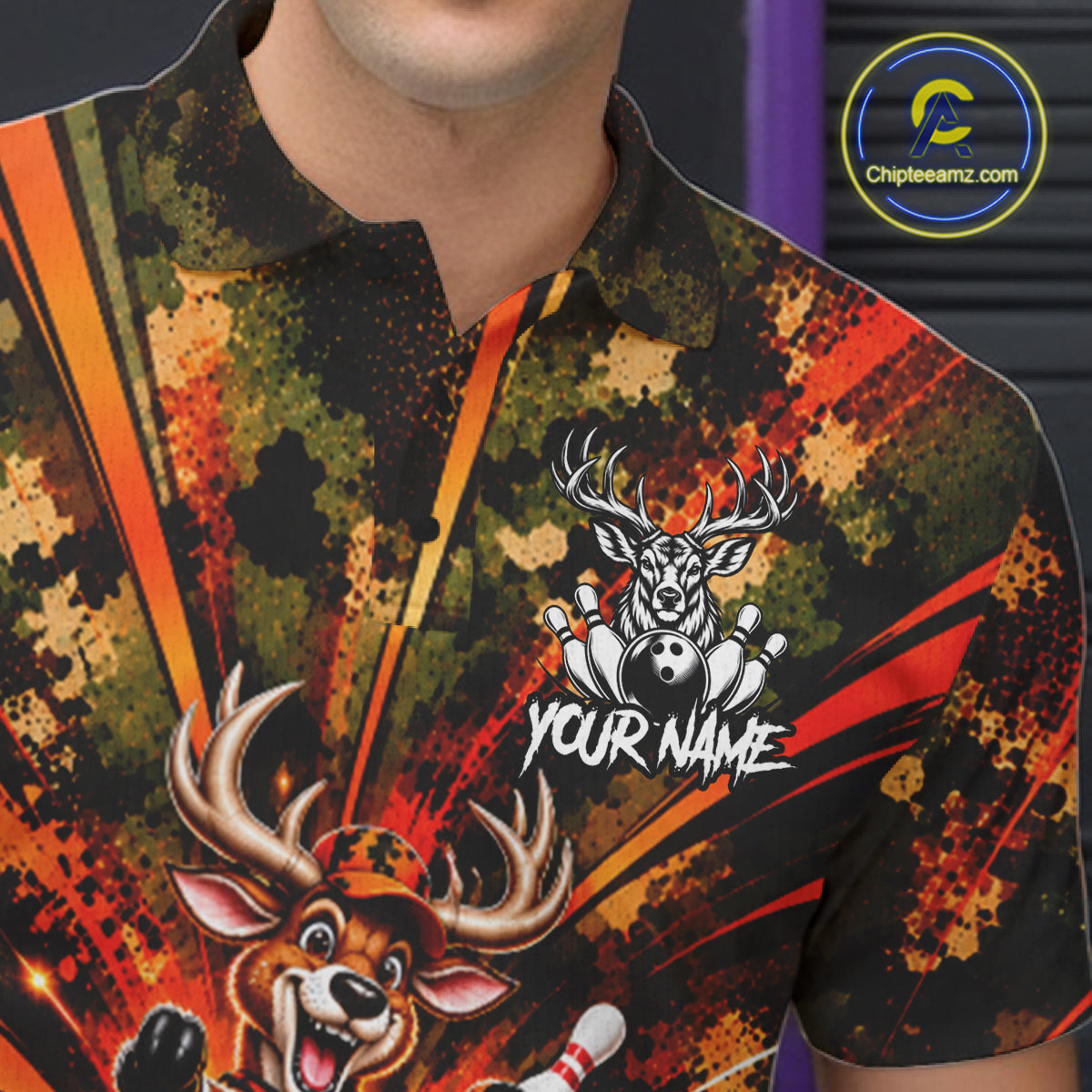 Personalized Deer Funny Bowling Shirt For Men Custom Orange Camo Strike Pins Bowler Team Jersey NYN5064