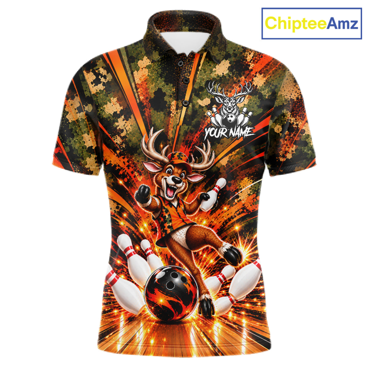Personalized Deer Funny Bowling Shirt For Men Custom Orange Camo Strike Pins Bowler Team Jersey NYN5064