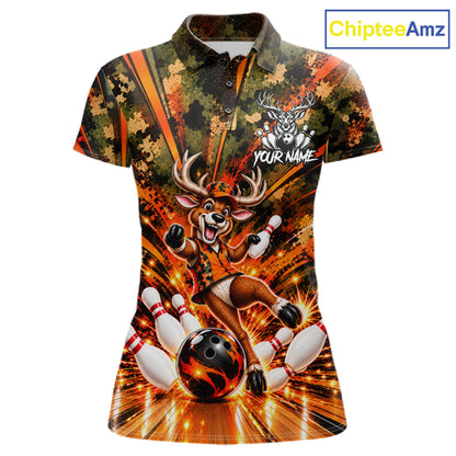 Personalized Deer Funny Bowling Shirt For Women Custom Orange Camo Strike Pins Bowler Team Jersey NYN5064