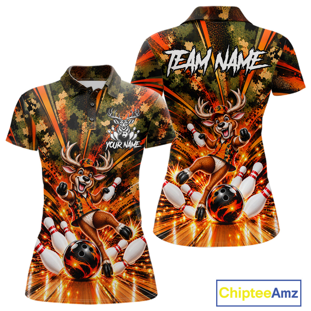 Personalized Deer Funny Bowling Shirt For Women Custom Orange Camo Strike Pins Bowler Team Jersey NYN5064