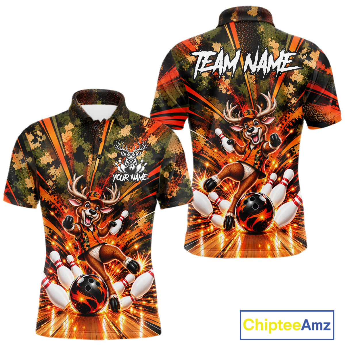 Personalized Deer Funny Bowling Shirt For Men Custom Orange Camo Strike Pins Bowler Team Jersey NYN5064