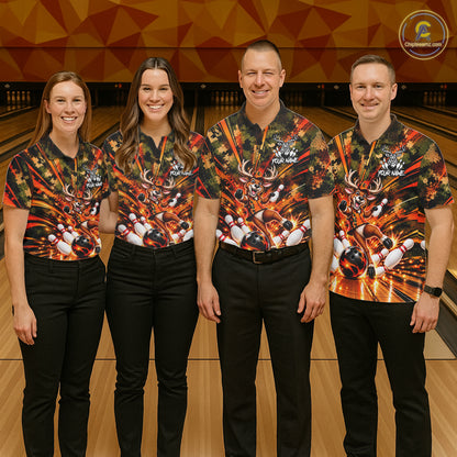 Personalized Deer Funny Bowling Shirt For Men Custom Orange Camo Strike Pins Bowler Team Jersey NYN5064