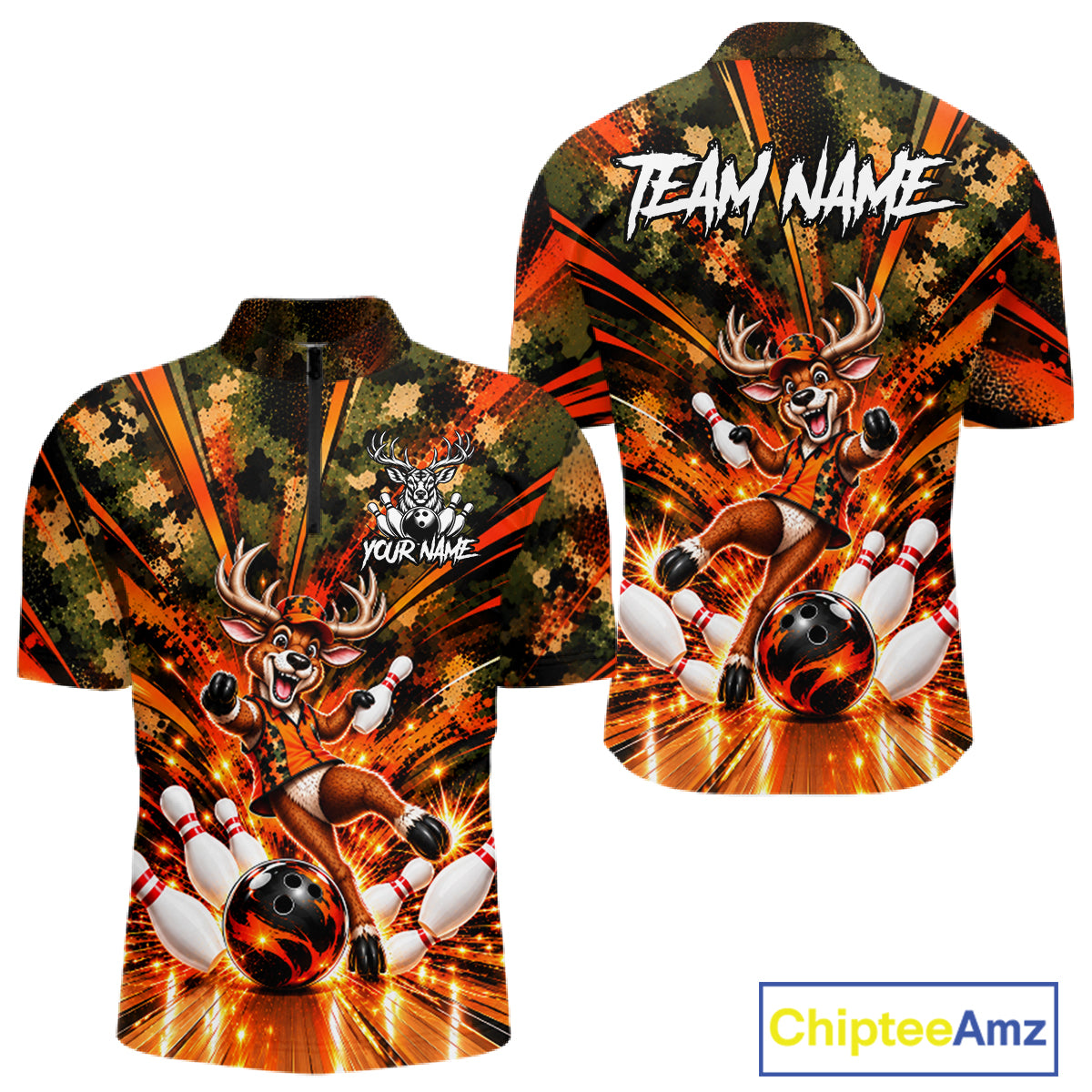 Personalized Deer Funny Bowling Shirt For Men Custom Orange Camo Strike Pins Bowler Team Jersey NYN5064