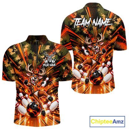 Personalized Deer Funny Bowling Shirt For Men Custom Orange Camo Strike Pins Bowler Team Jersey NYN5064