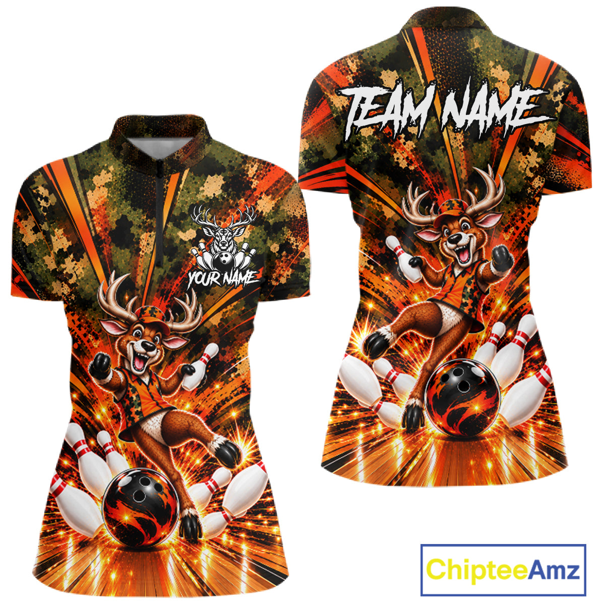 Personalized Deer Funny Bowling Shirt For Women Custom Orange Camo Strike Pins Bowler Team Jersey NYN5064