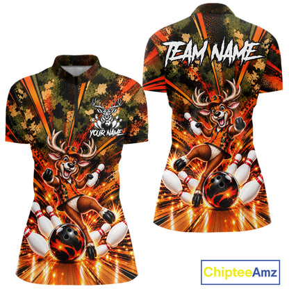 Personalized Deer Funny Bowling Shirt For Women Custom Orange Camo Strike Pins Bowler Team Jersey NYN5064