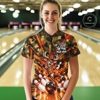 Personalized Deer Funny Bowling Shirt For Women Custom Orange Camo Strike Pins Bowler Team Jersey NYN5064