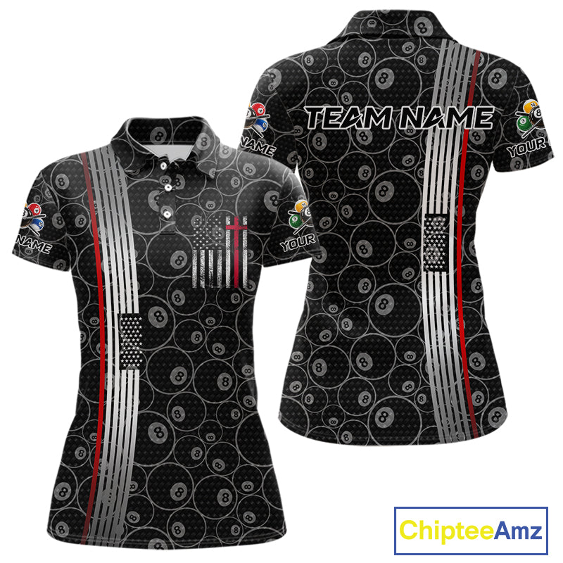 Cross US Flag 8 Ball Women's Billiard Shirts Personalized Patriotic Billiard Team Shirts NYN2322