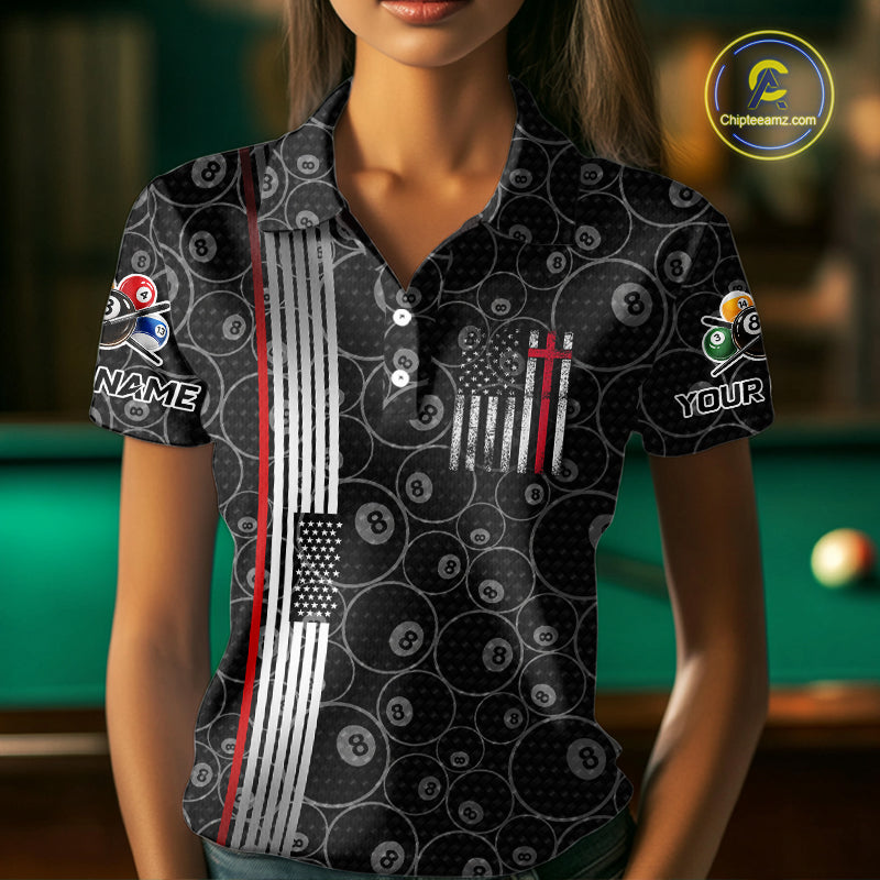 Cross US Flag 8 Ball Women's Billiard Shirts Personalized Patriotic Billiard Team Shirts NYN2322