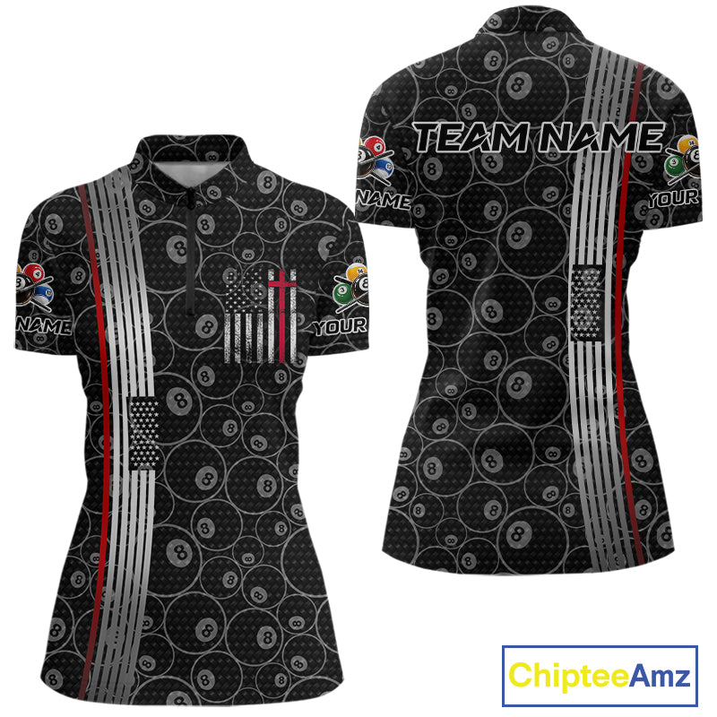 Cross US Flag 8 Ball Women's Billiard Shirts Personalized Patriotic Billiard Team Shirts NYN2322