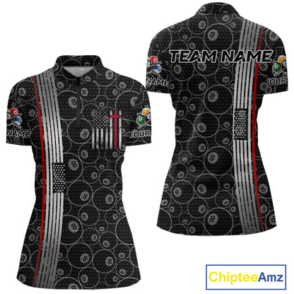 Cross US Flag 8 Ball Women's Billiard Shirts Personalized Patriotic Billiard Team Shirts NYN2322