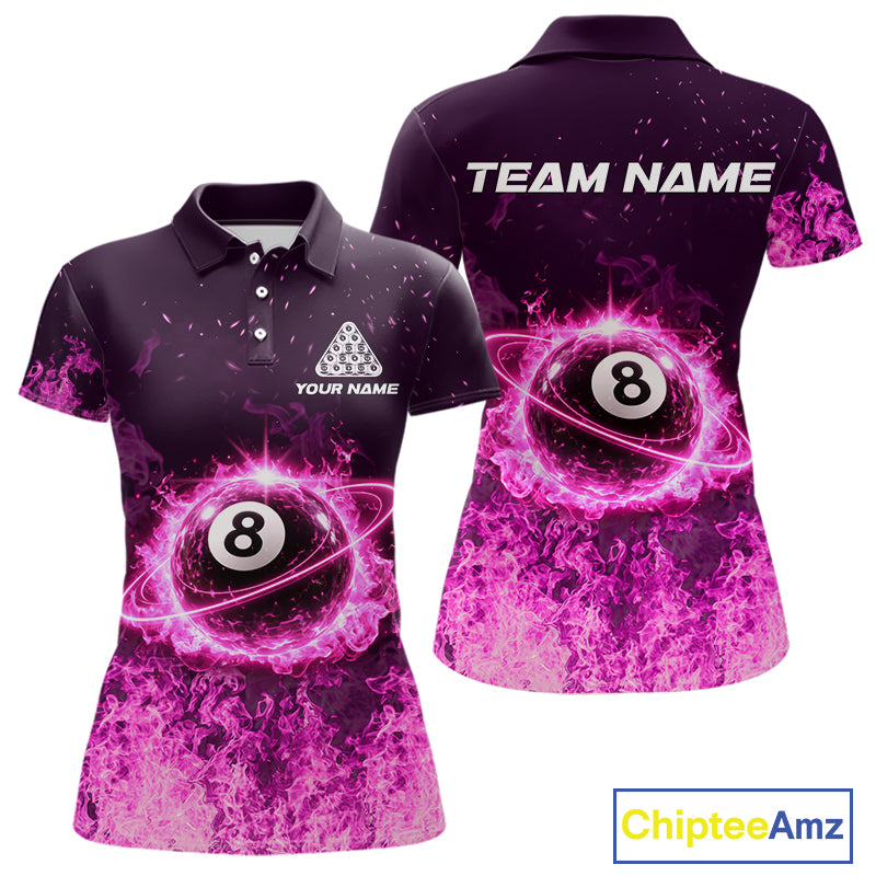 Custom Pink Flaming 8 Ball Light Women's Billiard Shirts Personalized Billiard Attire Gifts NYN2325