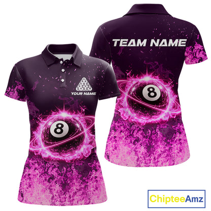 Custom Pink Flaming 8 Ball Light Women's Billiard Shirts Personalized Billiard Attire Gifts NYN2325