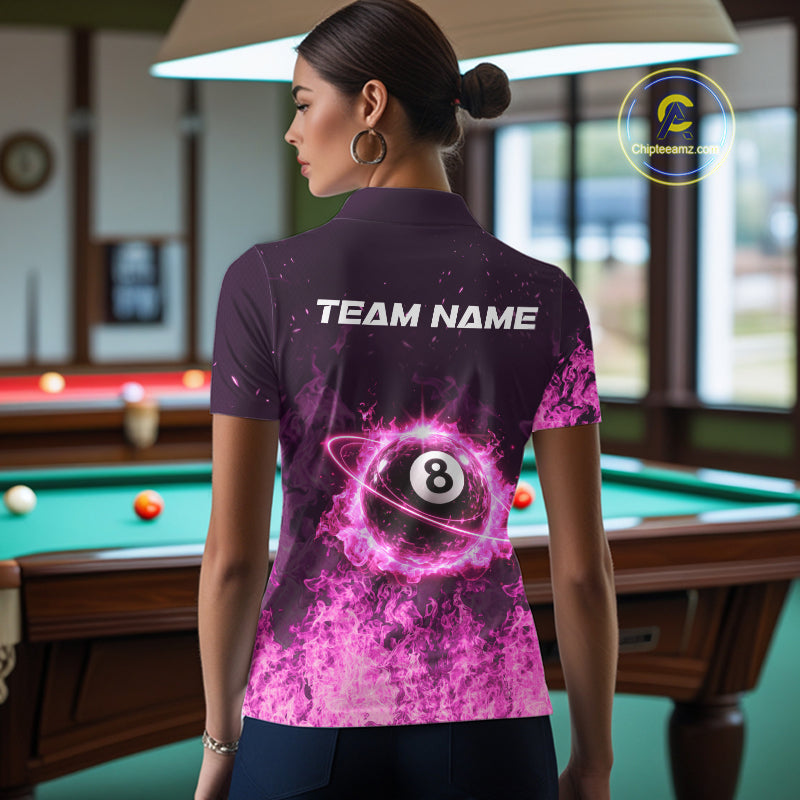 Custom Pink Flaming 8 Ball Light Women's Billiard Shirts Personalized Billiard Attire Gifts NYN2325