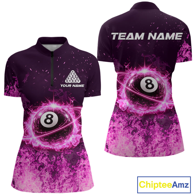 Custom Pink Flaming 8 Ball Light Women's Billiard Shirts Personalized Billiard Attire Gifts NYN2325