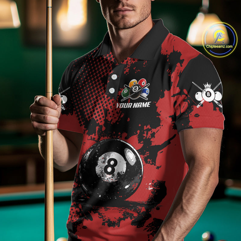 Custom Red Grunge Ball Billiard Shirts For Men Personalized Ball 8 Billiard Attire Gifts NYN2328