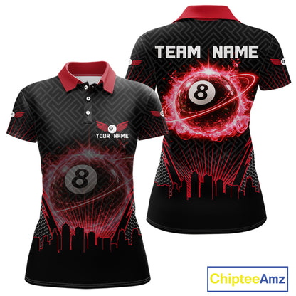 Black & Red Flaming 8 Ball Light Women's Billiard Shirts Personalized Billiard Team Attire NYN2329