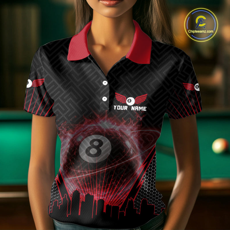 Black & Red Flaming 8 Ball Light Women's Billiard Shirts Personalized Billiard Team Attire NYN2329