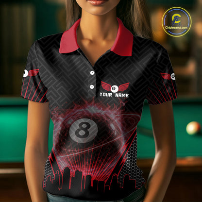 Black & Red Flaming 8 Ball Light Women's Billiard Shirts Personalized Billiard Team Attire NYN2329