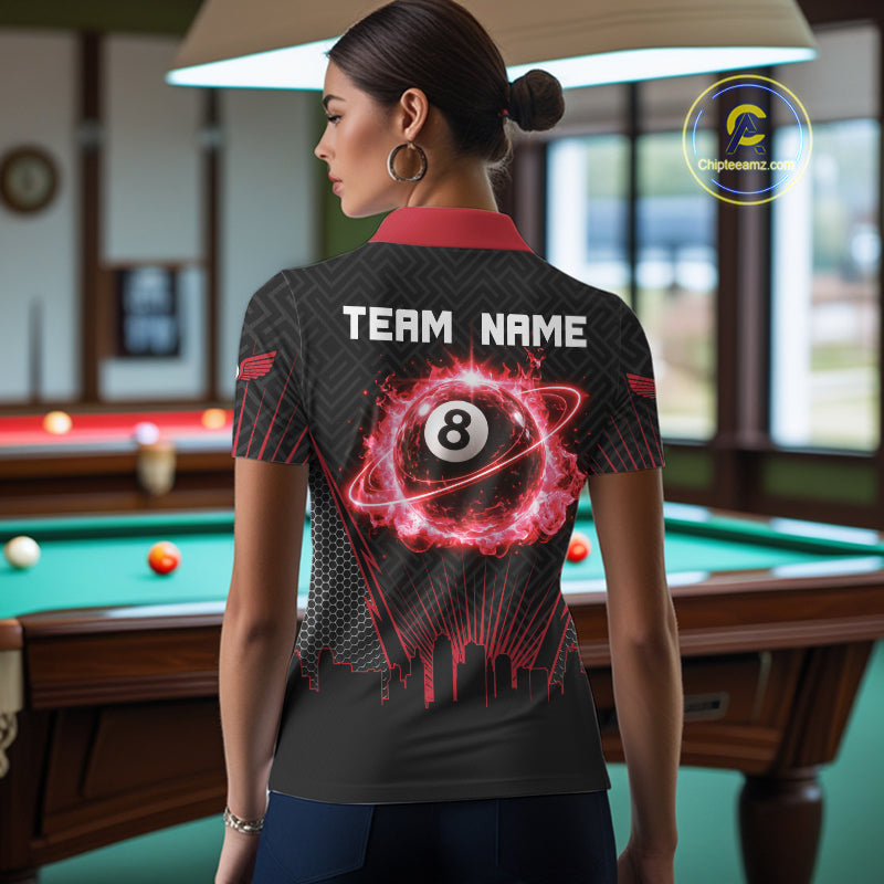 Black & Red Flaming 8 Ball Light Women's Billiard Shirts Personalized Billiard Team Attire NYN2329