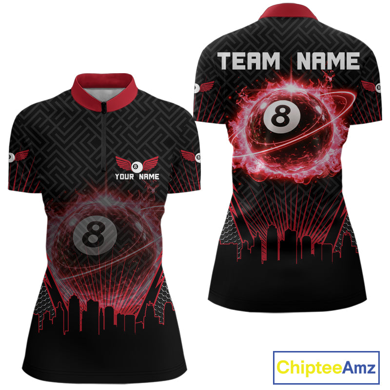 Black & Red Flaming 8 Ball Light Women's Billiard Shirts Personalized Billiard Team Attire NYN2329