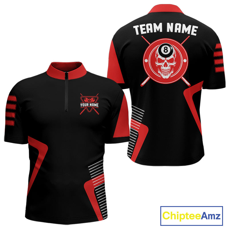 Black & Red Skull Pool 8 Ball Men Billiard Polo & 1/4-Zip Shirt Personalized Ball Billiard Attire NYN2593