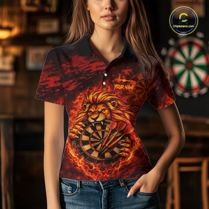 Lion Fire Flame Dartboard & Arrow Women Darts Polo Shirt Personalized Red Grunge Darts Jerseys NYN2599