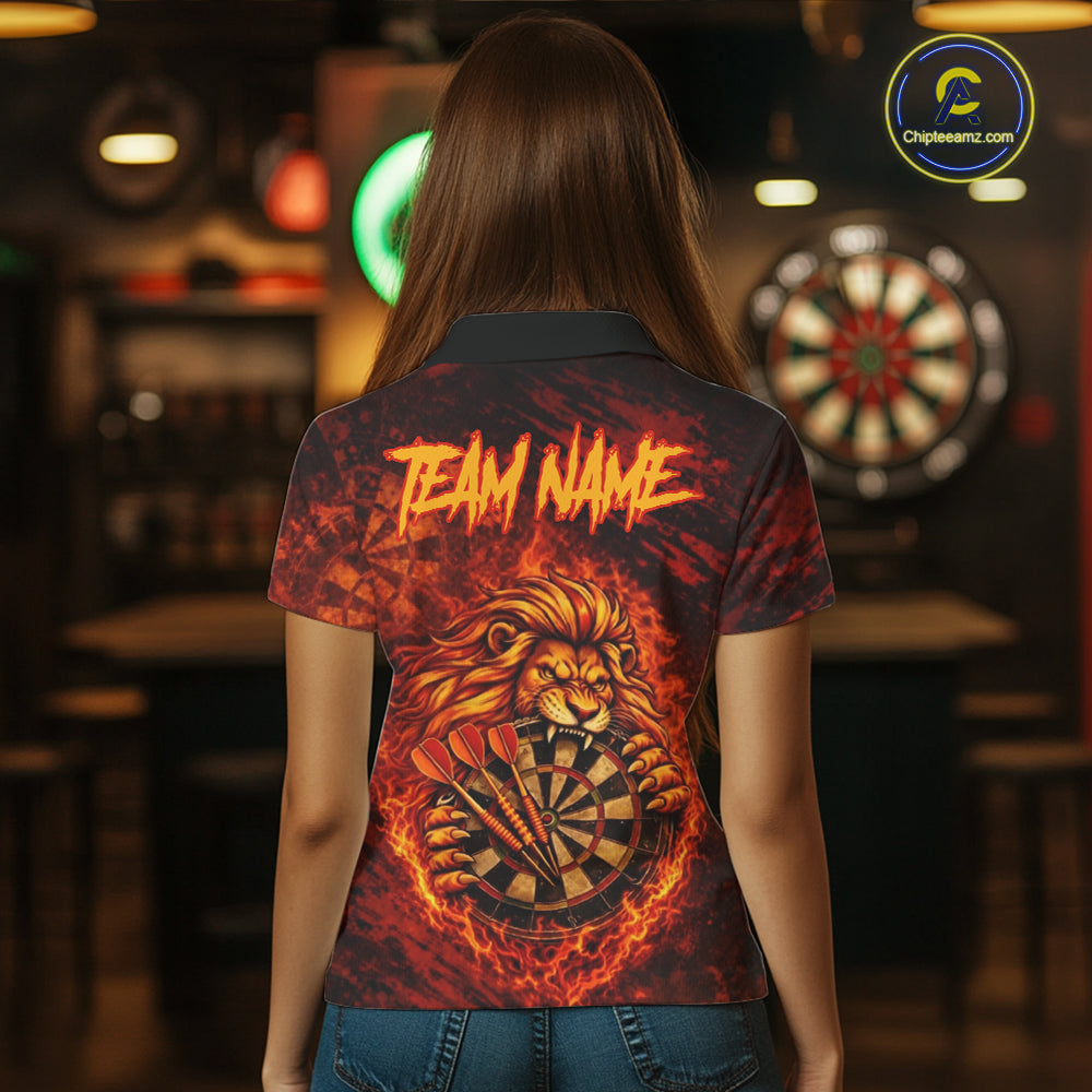 Lion Fire Flame Dartboard & Arrow Women Darts Polo Shirt Personalized Red Grunge Darts Jerseys NYN2599