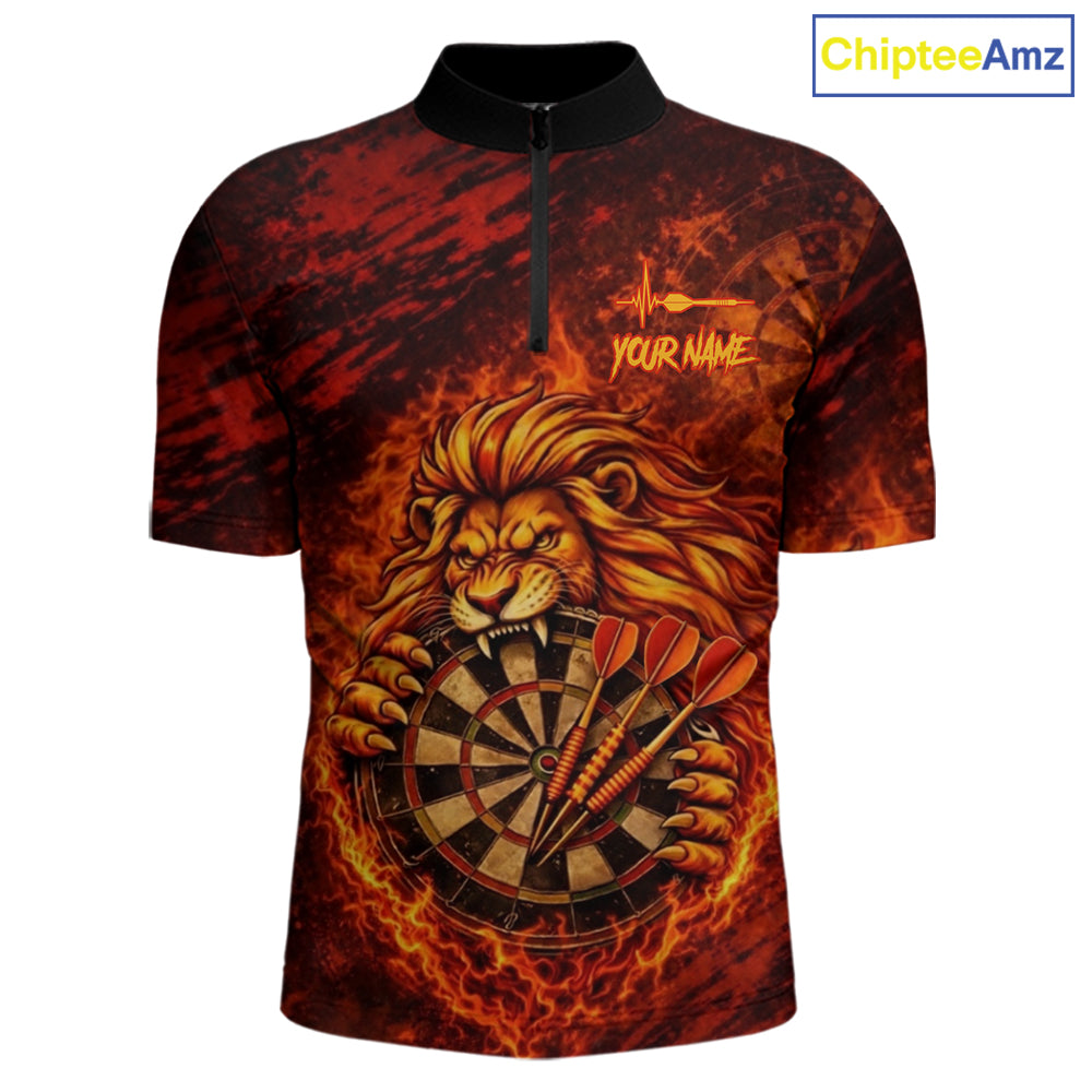 Lion Fire Flame Dartboard & Arrow Men Darts 1/4-Zip Shirt Personalized Red Grunge Darts Jerseys NYN2599