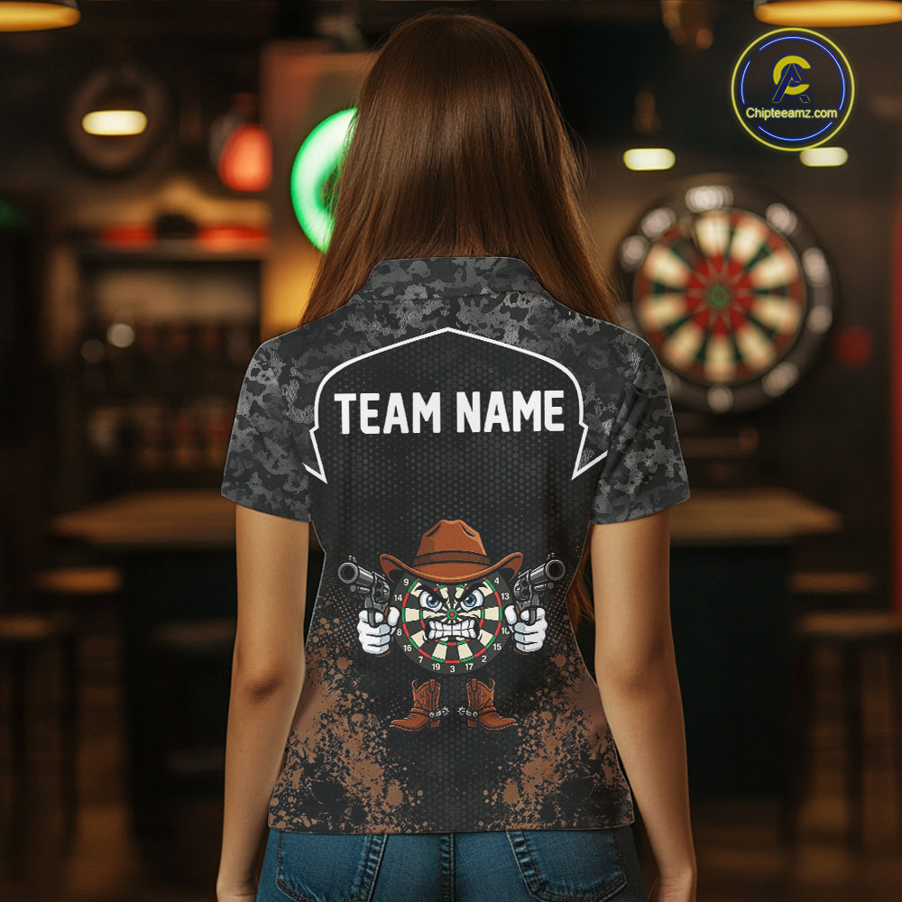 Grunge Brown Funny Dartboard Cowboy Gun Darts Shirt For Women Custom Camouflage Dart Team Jerseys NYN3163