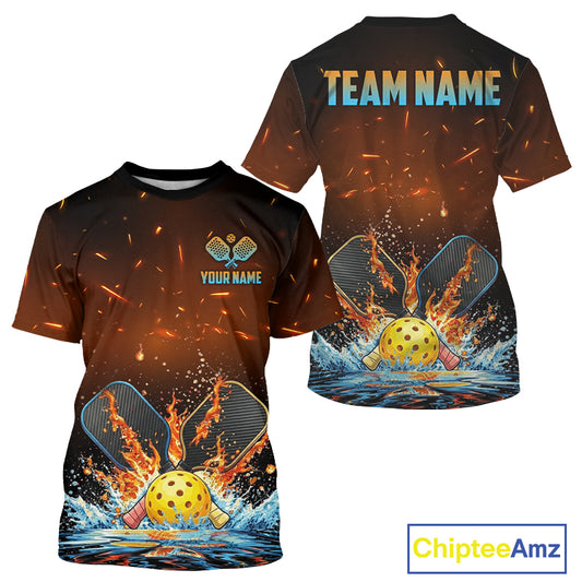 Red flaming blue water pickleball ball paddle tshirt for men personalized jersey