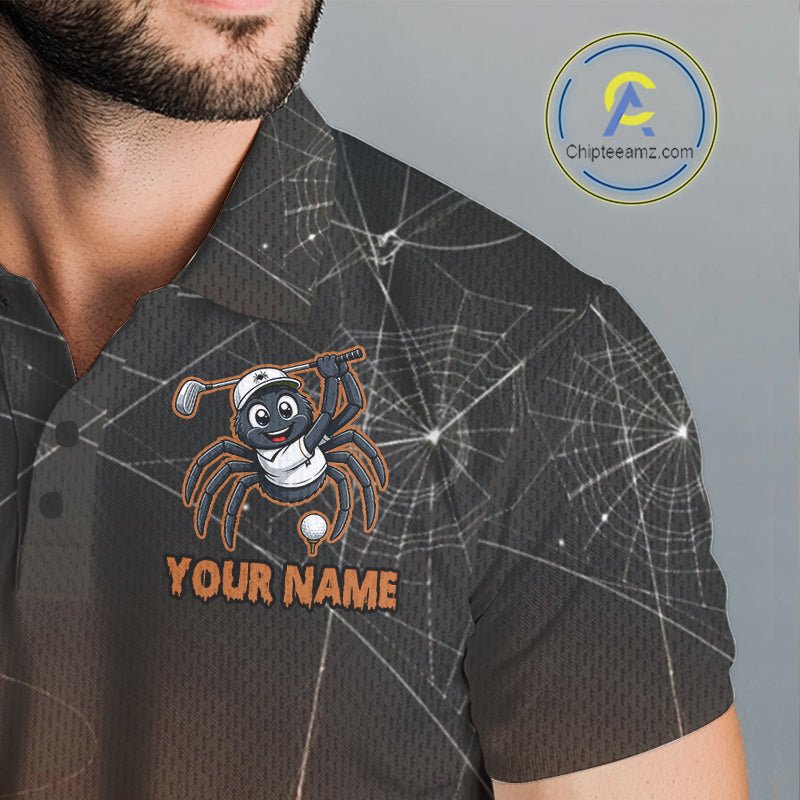 Male golfer wearing Funny Spider Halloween golf polo, custom golf team apparel, spiderweb performance golf shirt, golf club uniform, Halloween golf outing
