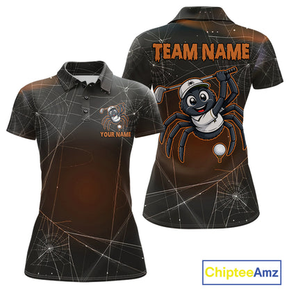 Funny Spider Halloween women's golf polo shirt featuring spiderweb artwork, custom golf team uniform, breathable performance polo, golf outing apparel, Halloween golf clothing, golf club tournament