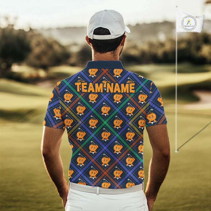 Male golfer wearing Plaid Pumpkin golf polo, golf club apparel, fall golf tournament clothing, personalized golf shirt