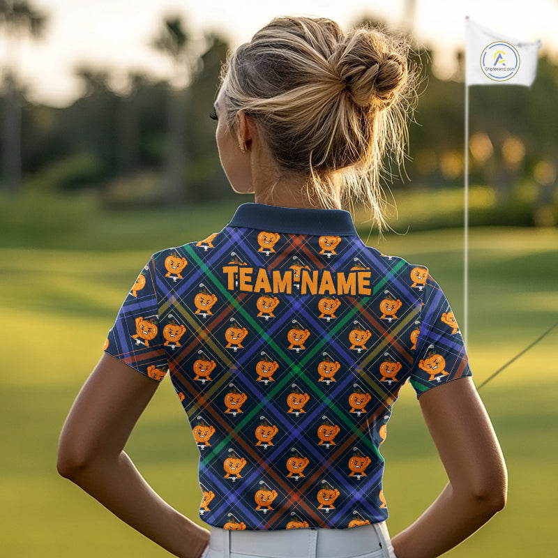 Female golfer wearing Plaid Pumpkin golf polo, autumn golf outfit, golf vacation clothing, seasonal golf apparel