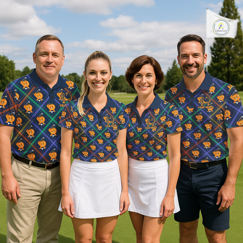 Plaid Pumpkin golf team polo, fall golf season, harvest festival, Thanksgiving outing, plaid symbolizes tradition, comfort, heritage, pumpkin symbolizes abundance