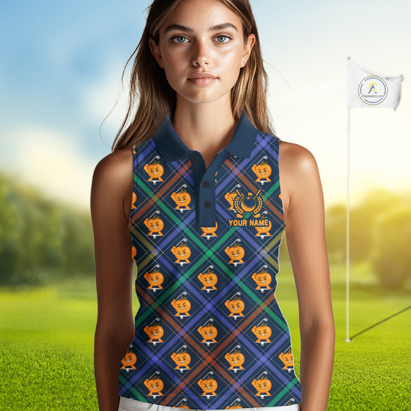 Female golfer wearing Plaid Pumpkin golf polo, autumn golf outfit, golf vacation clothing, seasonal golf apparel