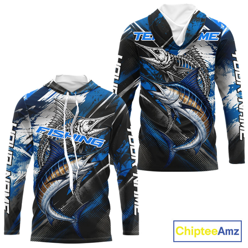 Custom Blue Marlin Fishing Jersey Marlin Skeleton Fishing Tournament Shirt, Saltwater Angler Apparel Gifts NYN4318