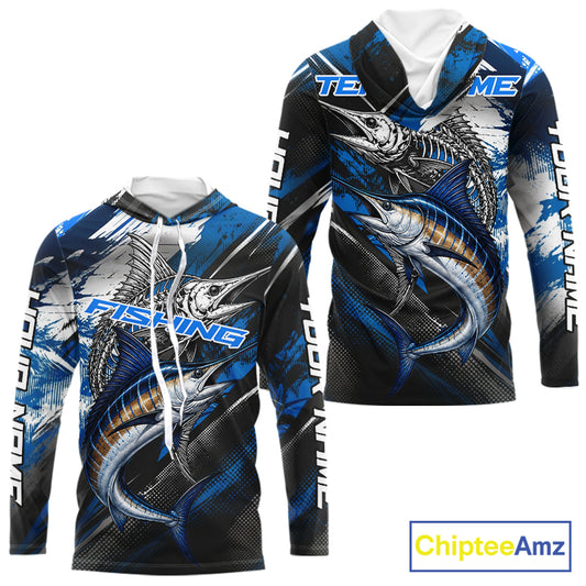 Custom Blue Marlin Fishing Jersey Marlin Skeleton Fishing Tournament Shirt, Saltwater Angler Apparel Gifts NYN4318