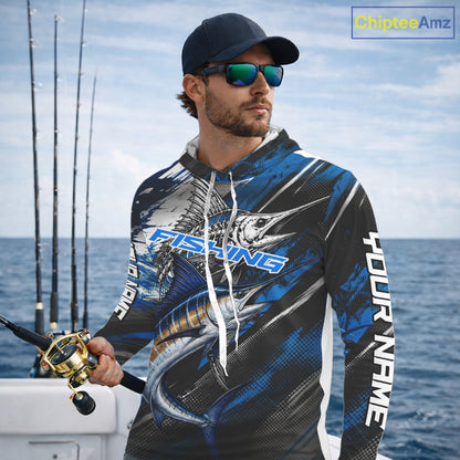 Custom Blue Marlin Fishing Jersey Marlin Skeleton Fishing Tournament Shirt, Saltwater Angler Apparel Gifts NYN4318