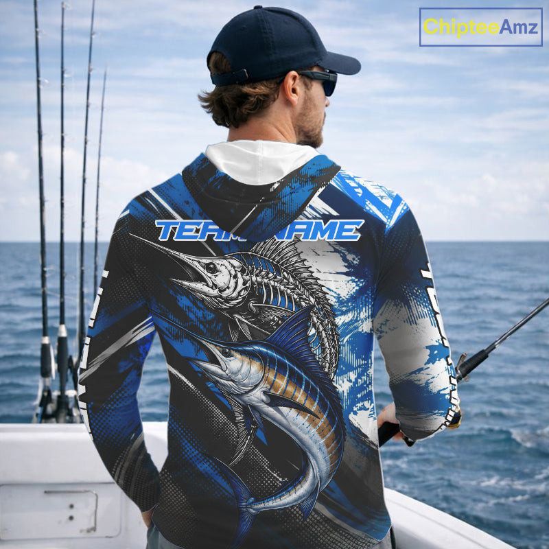 Custom Blue Marlin Fishing Jersey Marlin Skeleton Fishing Tournament Shirt, Saltwater Angler Apparel Gifts NYN4318
