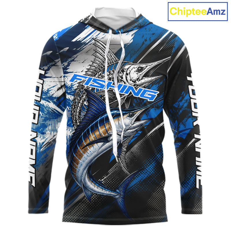 Custom Blue Marlin Fishing Jersey Marlin Skeleton Fishing Tournament Shirt, Saltwater Angler Apparel Gifts NYN4318