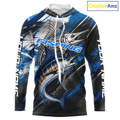 Custom Blue Marlin Fishing Jersey Marlin Skeleton Fishing Tournament Shirt, Saltwater Angler Apparel Gifts NYN4318