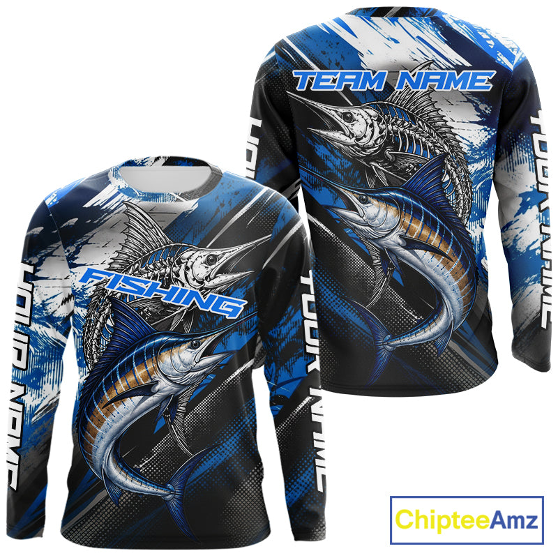 Custom Blue Marlin Fishing Jersey Marlin Skeleton Fishing Tournament Shirt, Saltwater Angler Apparel Gifts NYN4318