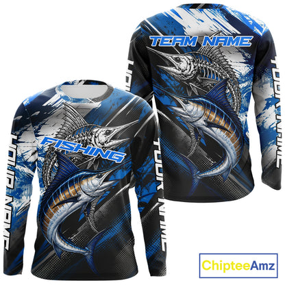 Custom Blue Marlin Fishing Jersey Marlin Skeleton Fishing Tournament Shirt, Saltwater Angler Apparel Gifts NYN4318
