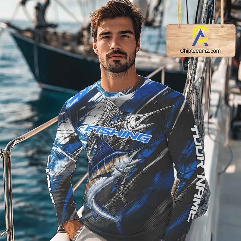 Custom Blue Marlin Fishing Jersey Marlin Skeleton Fishing Tournament Shirt, Saltwater Angler Apparel Gifts NYN4318